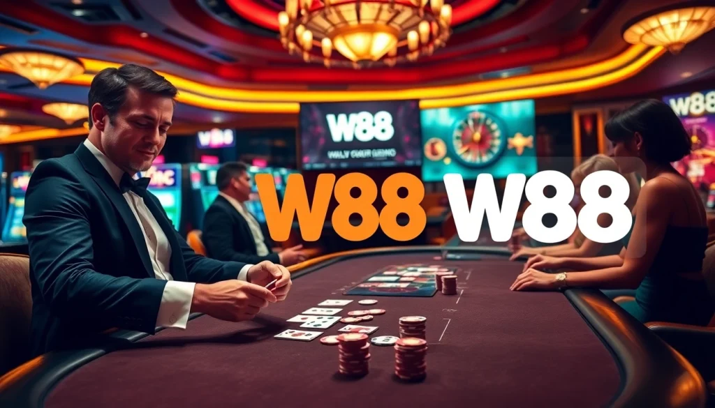 Players engaging in a high-stakes poker game at W88 casino.