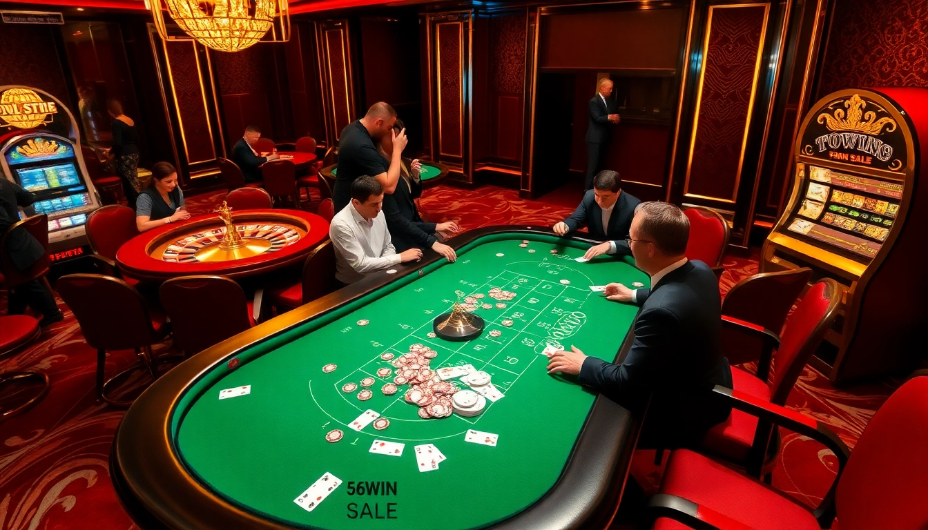 Experience the excitement of gambling at 56WIN SALE with luxury casino visuals, featuring poker and roulette tables.