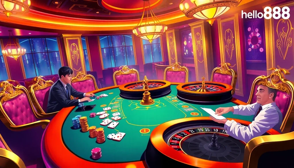 Experience the thrill of gambling with hello88 at a luxury casino table featuring cards and chips.