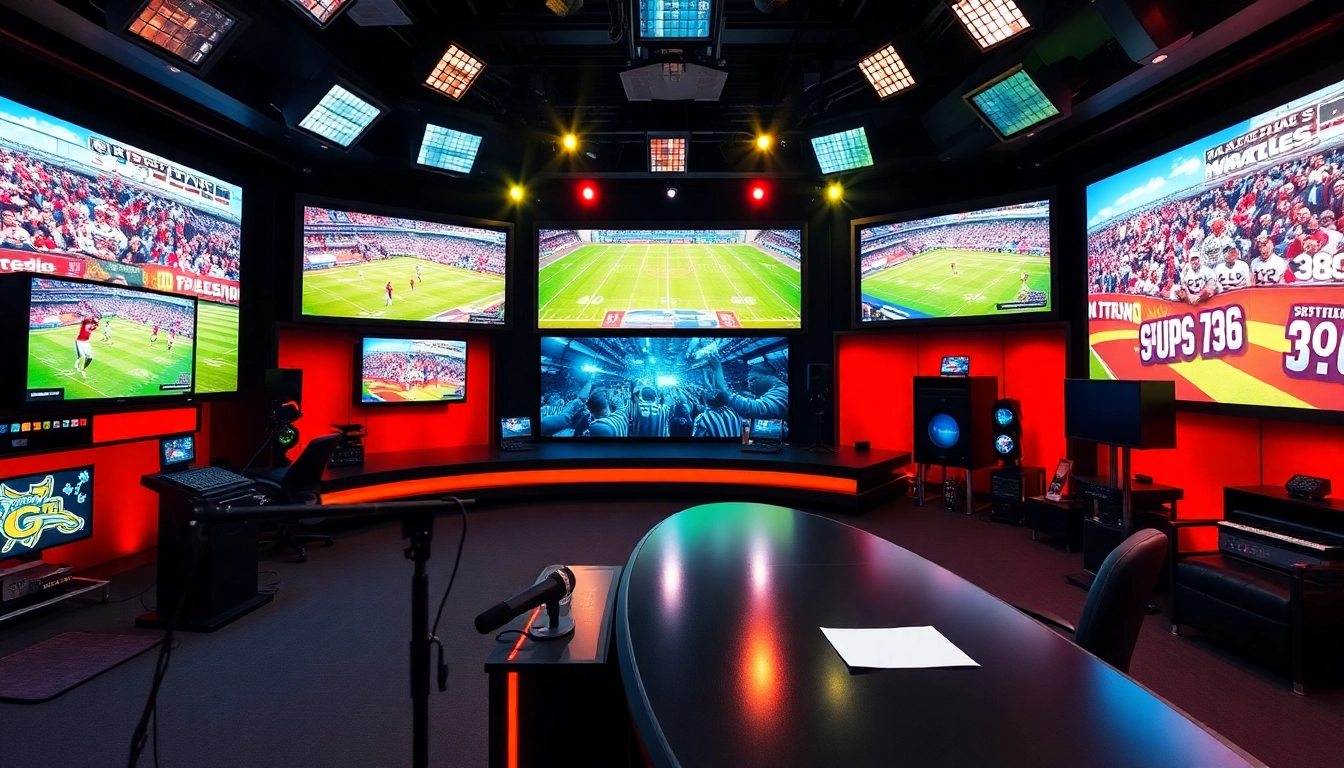 Anchors delivering live Sports Broadcasting from an energetic studio filled with vibrant screens.