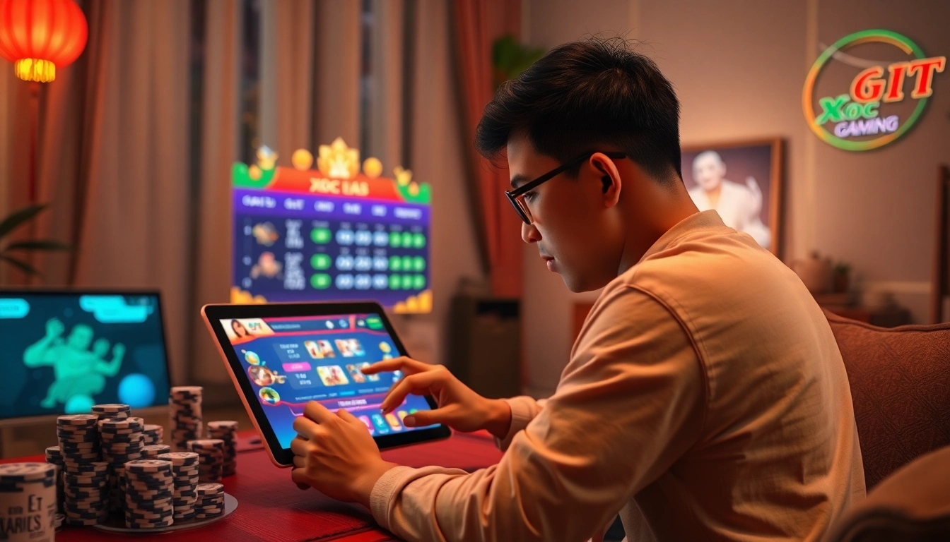 Xóc đĩa online gaming experience with player engaging on tablet in warm, inviting atmosphere
