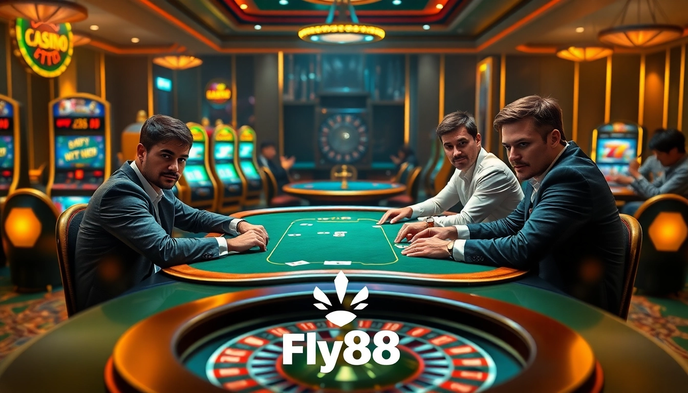 Action-packed scene at Nhà cái Fly88 showcasing players engaging in poker amidst luxury casino vibes.