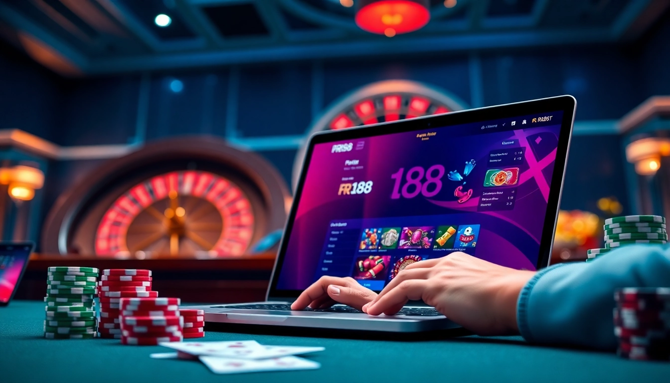 Excited player engaging in online gambling at RR88 đăng nhập with poker chips and cards.