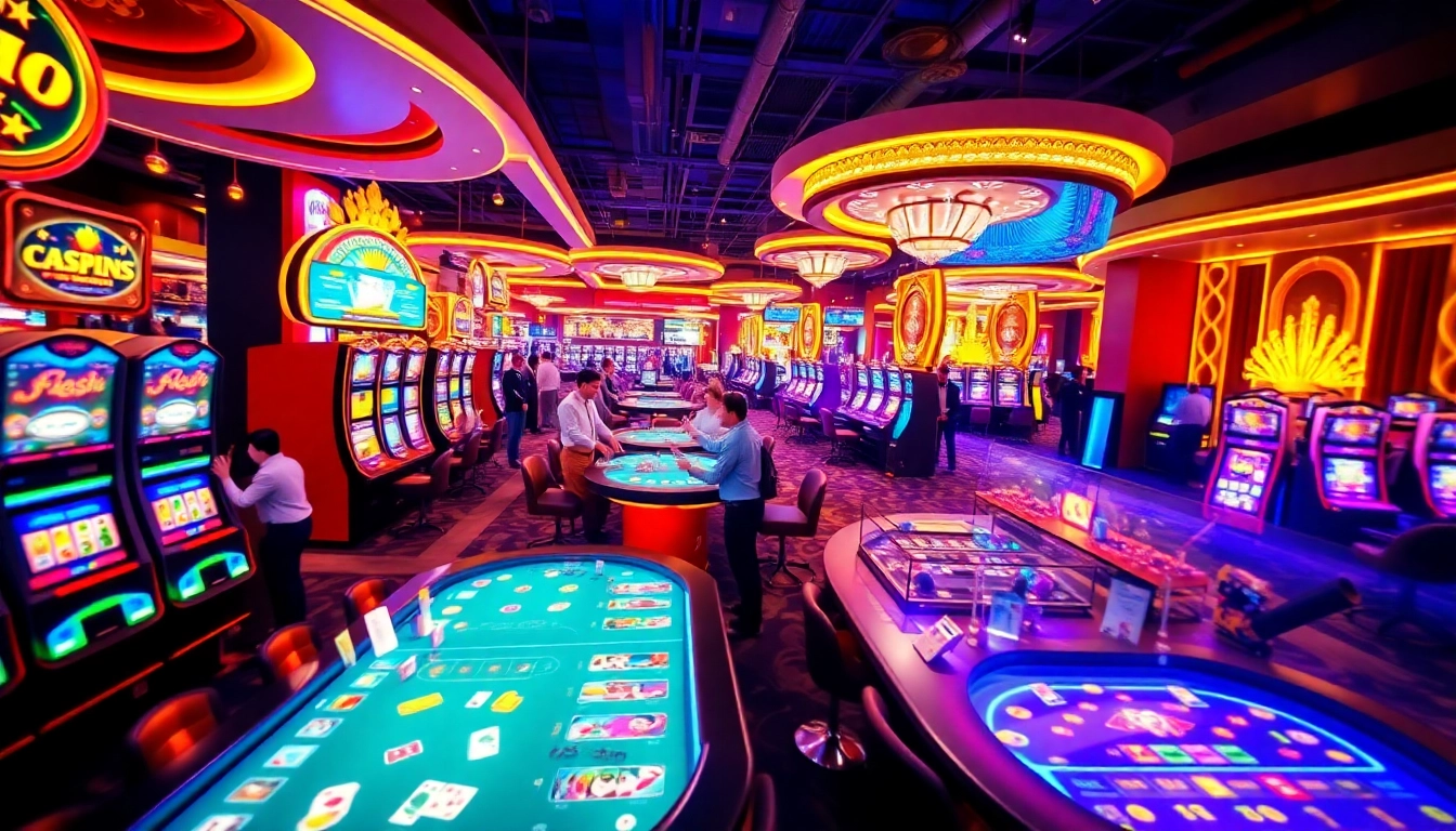 Exciting Sunwin casino environment showcasing players and games in a luxurious setting.