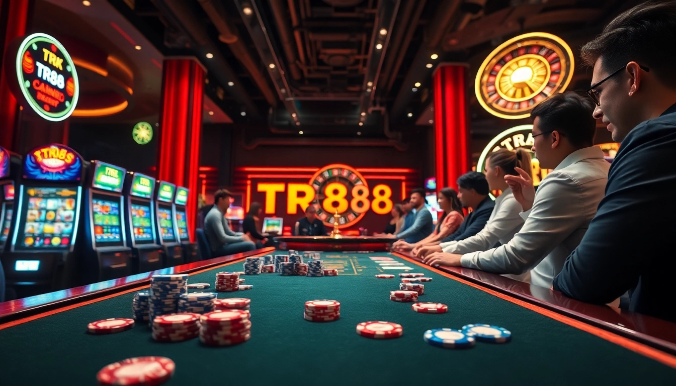 Players enjoying high stakes casino action, featuring TR88 betting slips and vibrant slot machines.