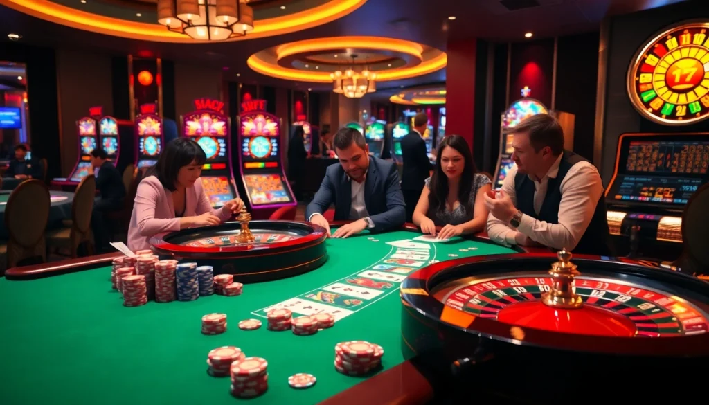Engaging gamblers in a lively casino experience at http://228kbet.net/ with poker chips and a roulette wheel.