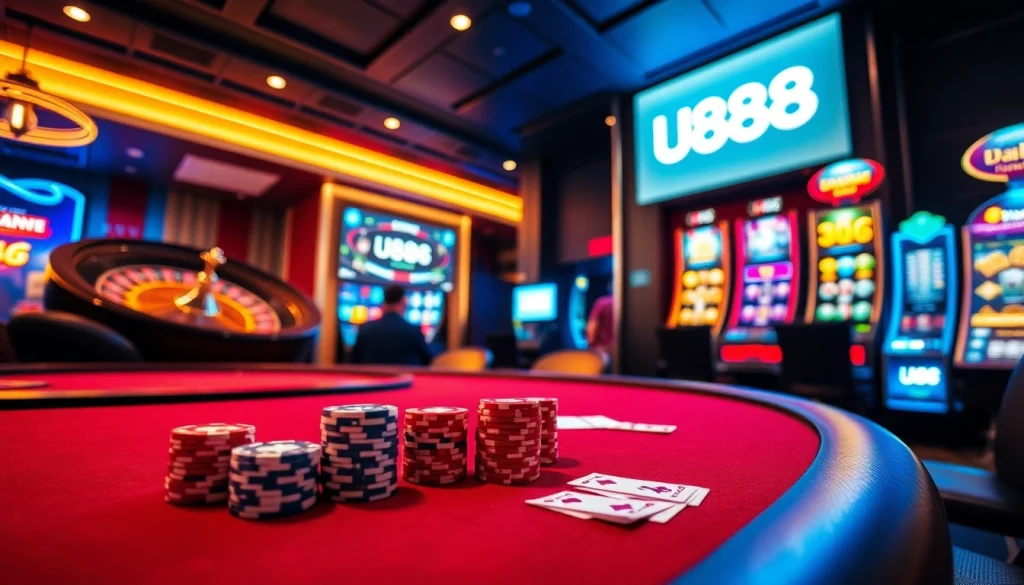 Experience the excitement of U888 with vibrant casino visuals featuring poker chips and slot machines.