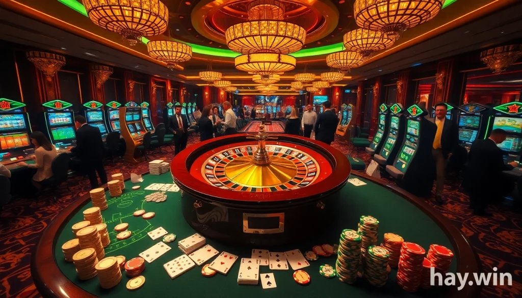 Experience the thrill of gambling at hay.win with a vibrant casino scene featuring a roulette wheel and poker chips.