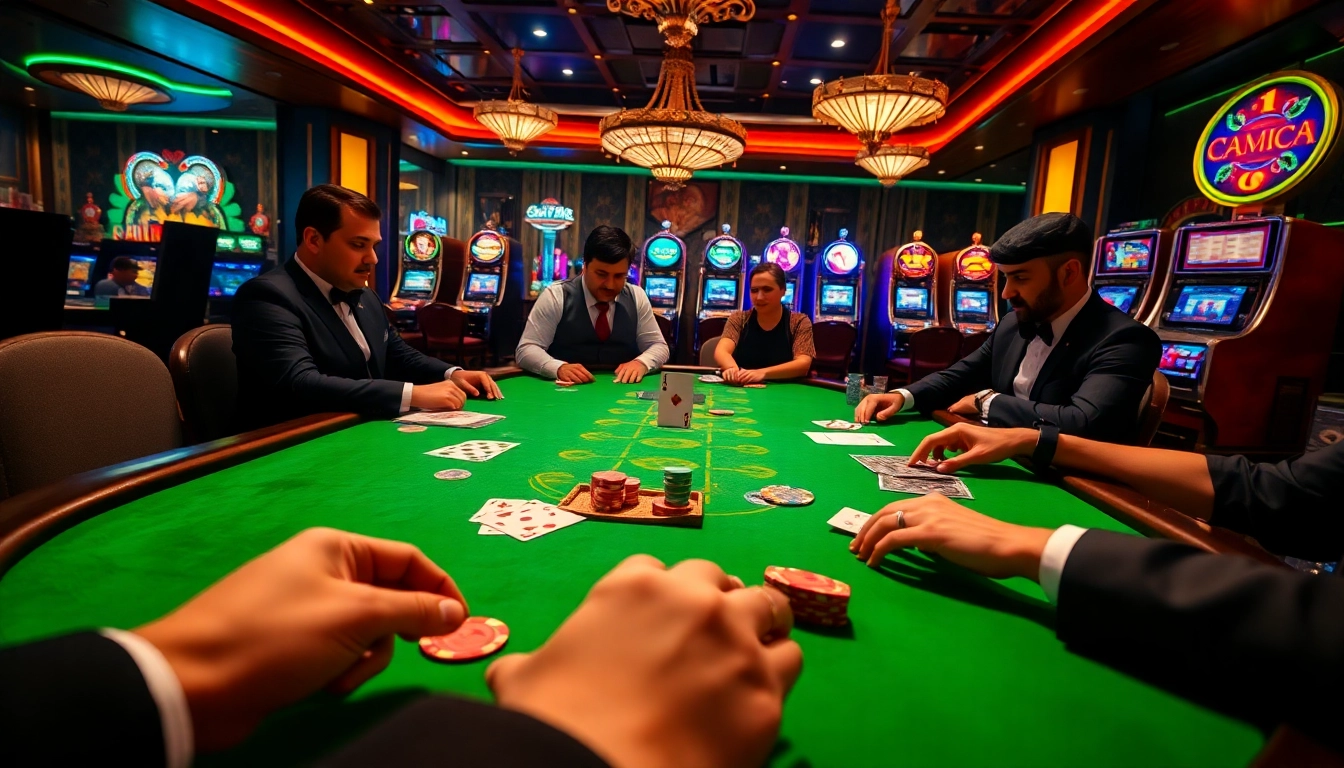 High-stakes poker action at https://hacoolmall.com/, featuring vibrant casino tables and stylish players.