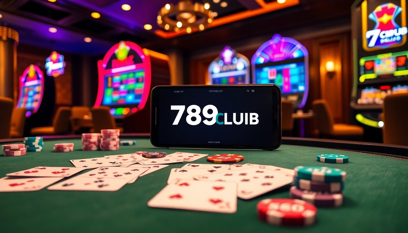 A vibrant casino scene showcasing 789CLUB with roulette, cards, and poker chips.