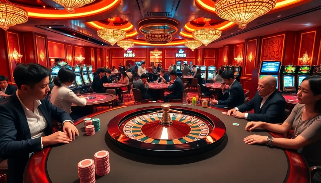 Excited gamblers placing bets at KP88-themed poker tables in a luxurious casino.