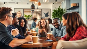 Engagement among diverse singles and couples at an OKFUN-friendly café.
