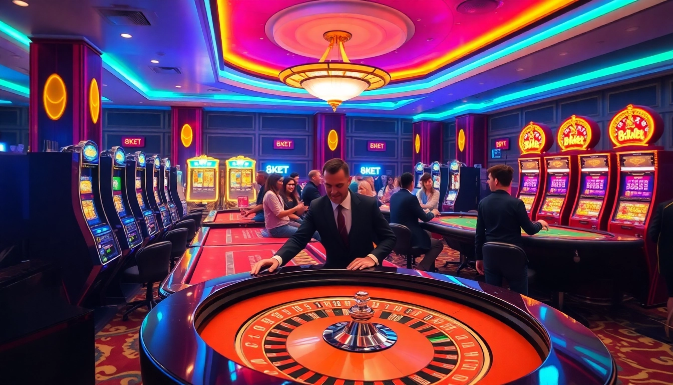 Excited gamblers at 8kbet's luxurious casino tables enjoy diverse games in a vibrant atmosphere.