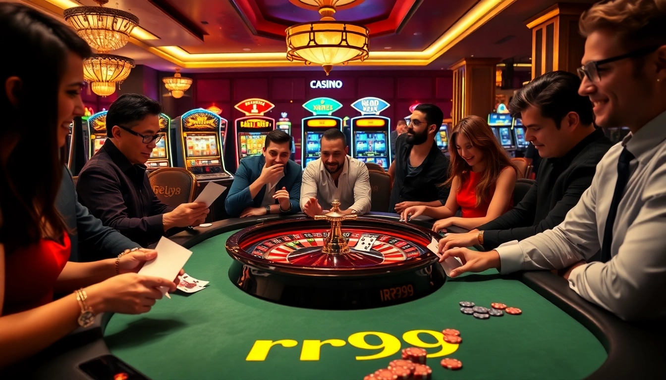 Gamblers enjoying an intense game at the rr99 roulette table in a luxurious casino setting.