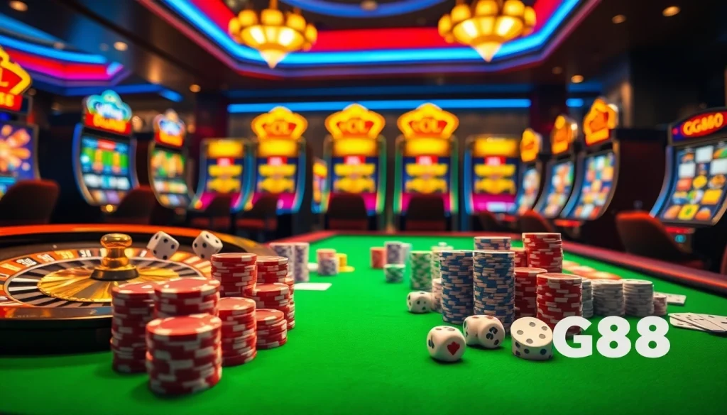 Experience the thrill of winning at GG88 with vibrant casino visuals of poker, slots, and roulette.