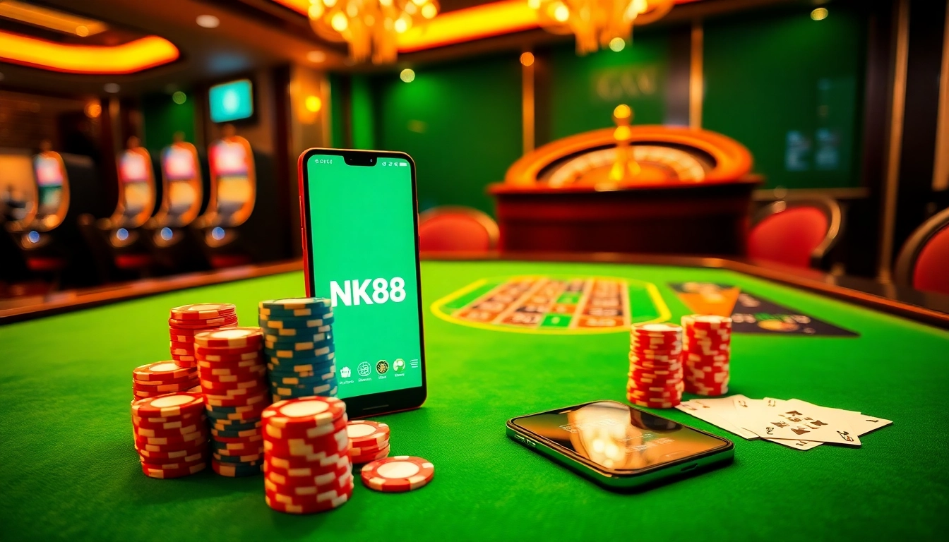 An engaging casino scene featuring NK88, with vibrant tables, chips, and a roulette wheel, inviting players to bet.