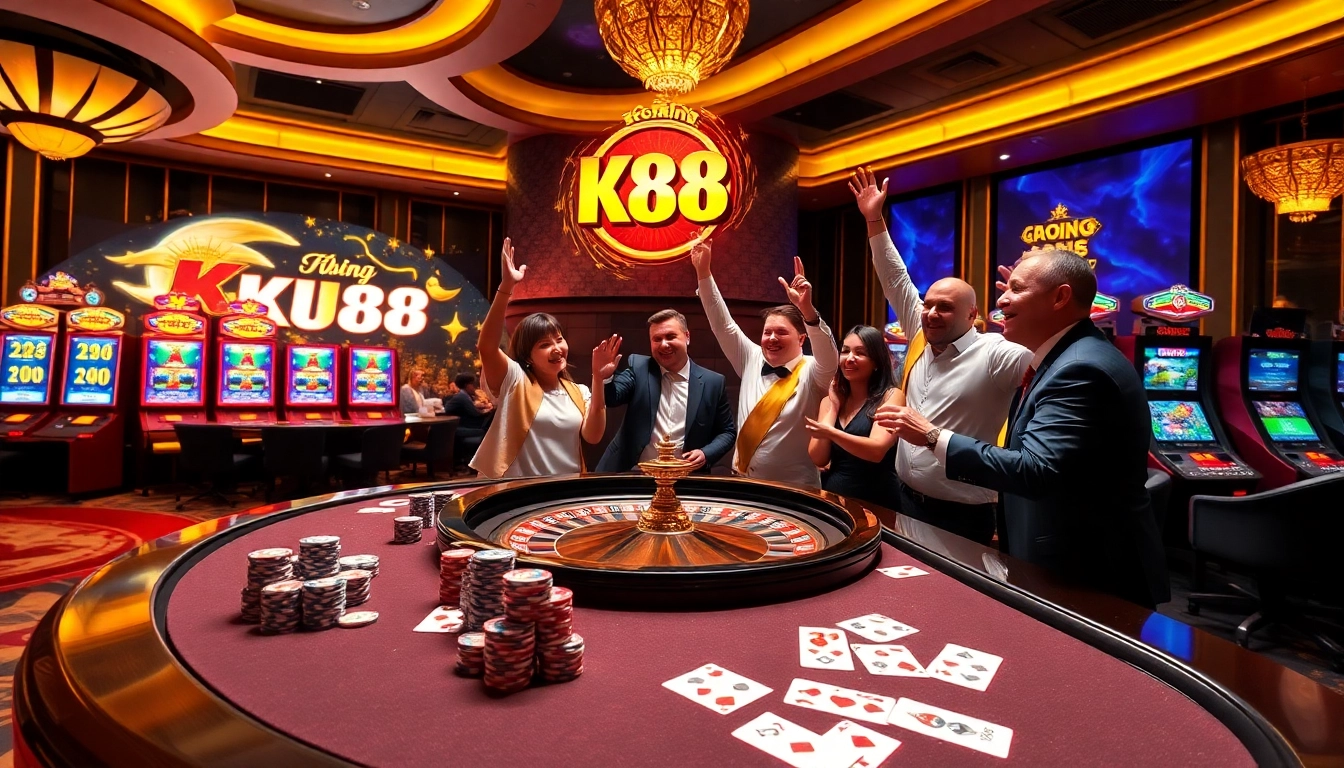 Players enjoy high-stakes gambling at King 88 casino, featuring vibrant gaming tables and excited atmosphere.