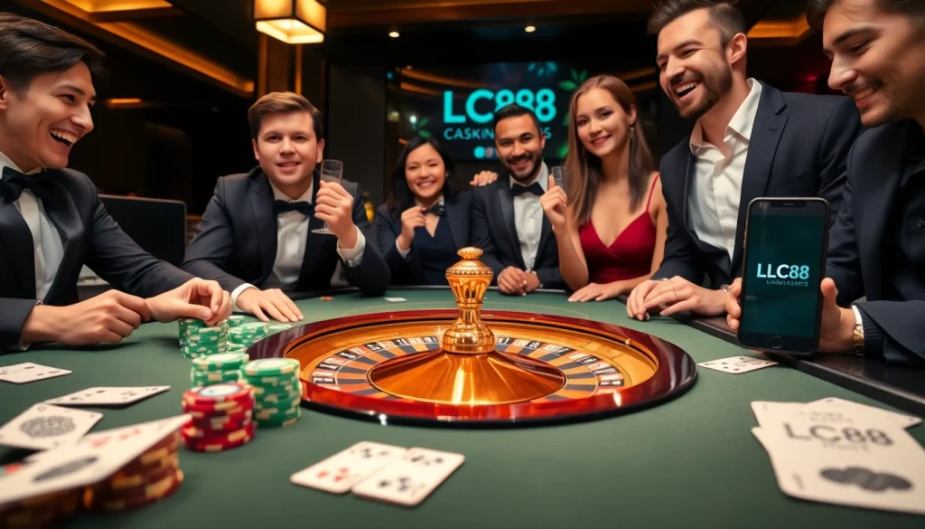 Experience excitement at the LC88 casino, showcasing vibrant gaming with poker chips and cards.