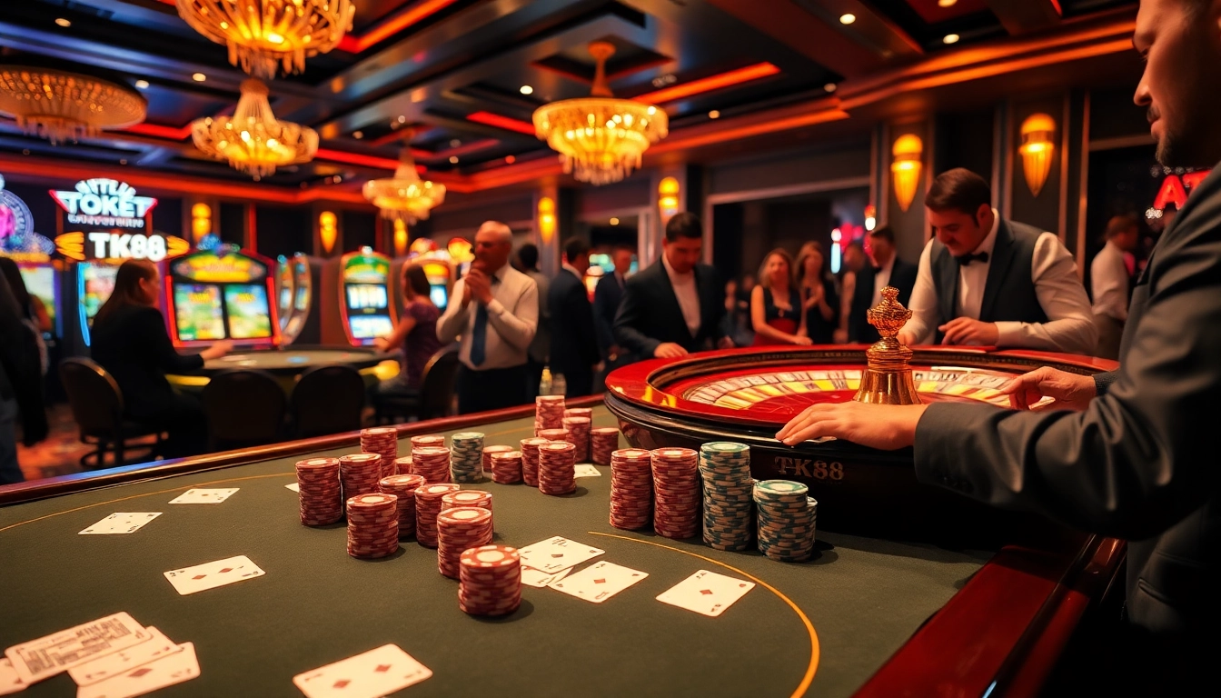Excited players engaging at a TK88-themed casino table, showcasing vibrant poker action and roulette.