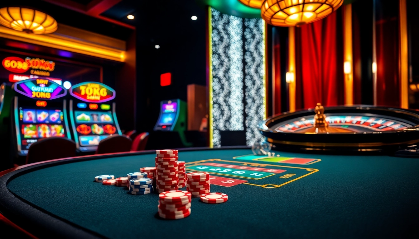 GO88 players winning chips at an upscale poker table, with vibrant slot machines in the background.