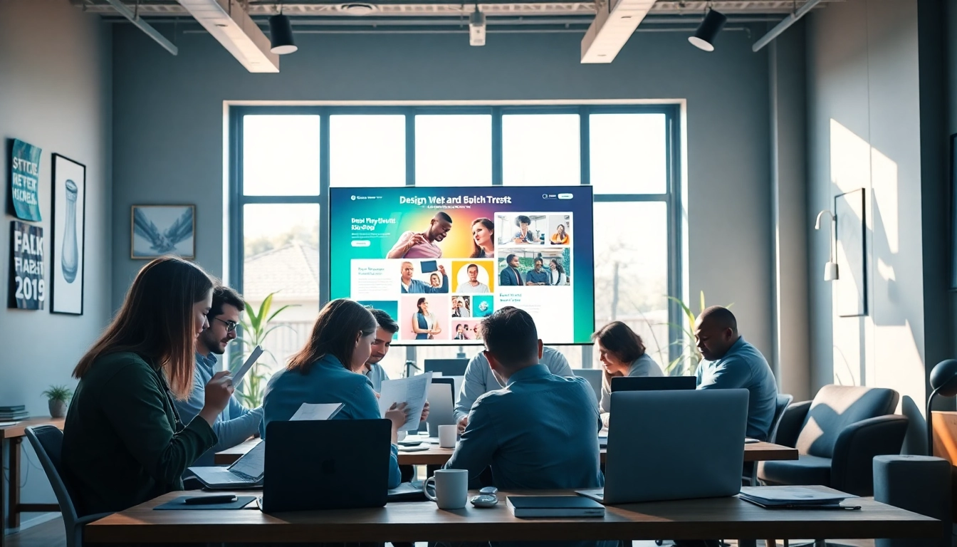 Website design agency team brainstorming innovative projects in a bright workspace.