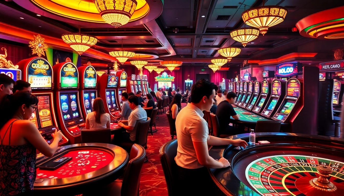 Exciting casino action at S804 COM with players engaging at poker and slot machines.