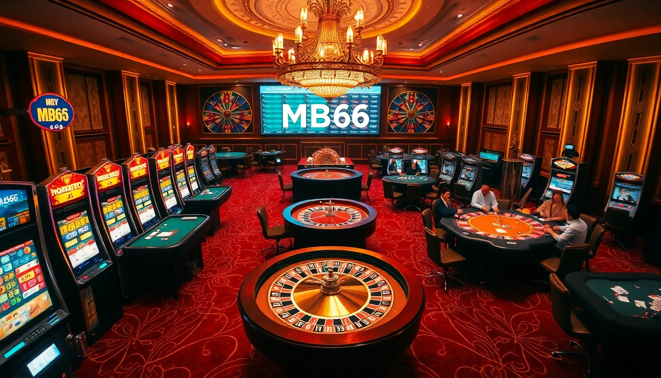Players enjoying thrilling games at the MB66 casino, surrounded by vibrant slot machines and tables.