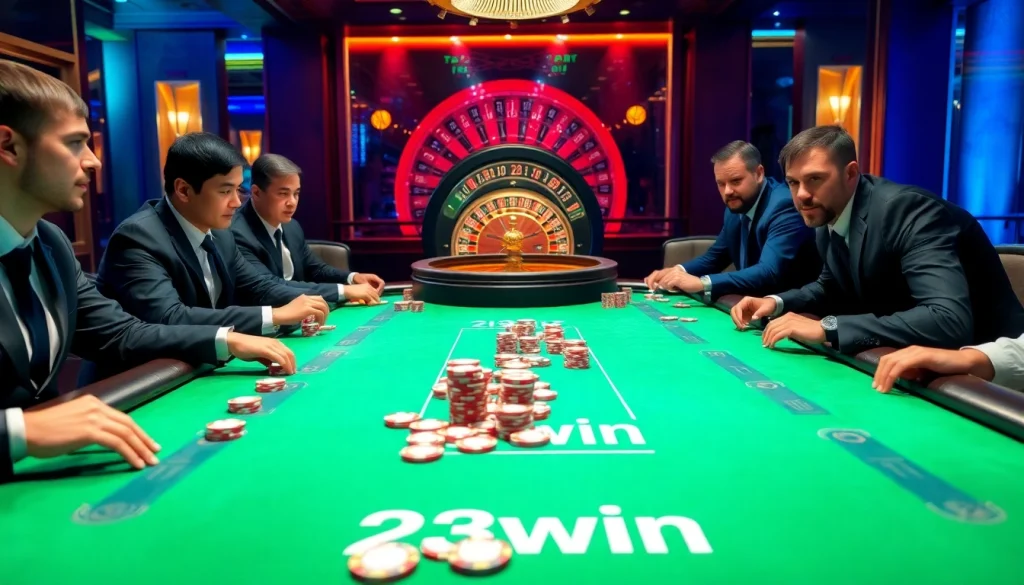 Engaging scene of professional gamblers at a poker table showcasing nhà cái 23win's vibrant casino atmosphere.