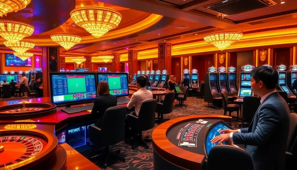 Engaging view of high-stakes gambling with tỷ lệ bóng đá trực tuyến betting terminals in a luxurious casino.