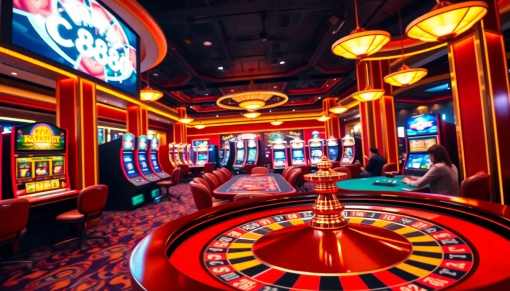 Experience the excitement of Good88 at a lavish casino with spinning roulette and vibrant slot machines.