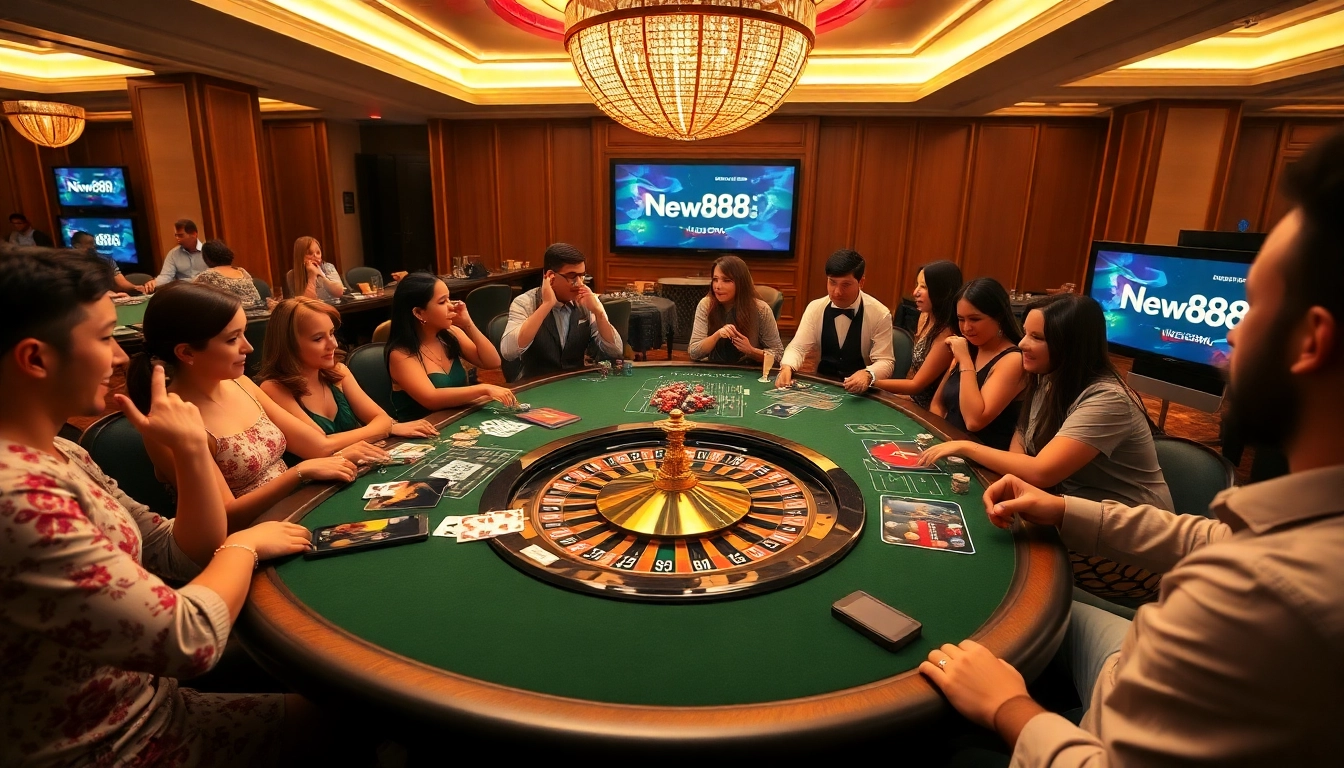 Players engage in high-stakes games at New888 casino tables with premium chips and cards.