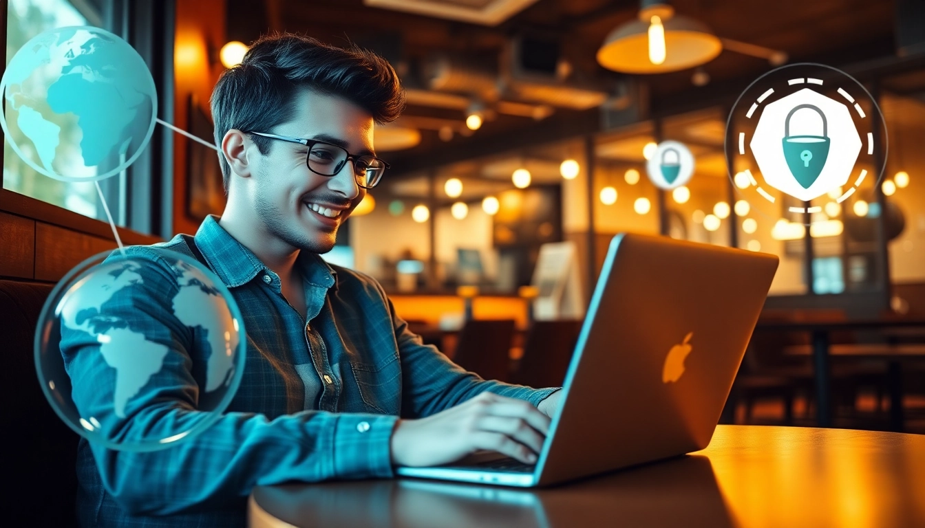 舒适咖啡馆中笔记本电脑上的快连VPN界面，象征全球互联与安全。