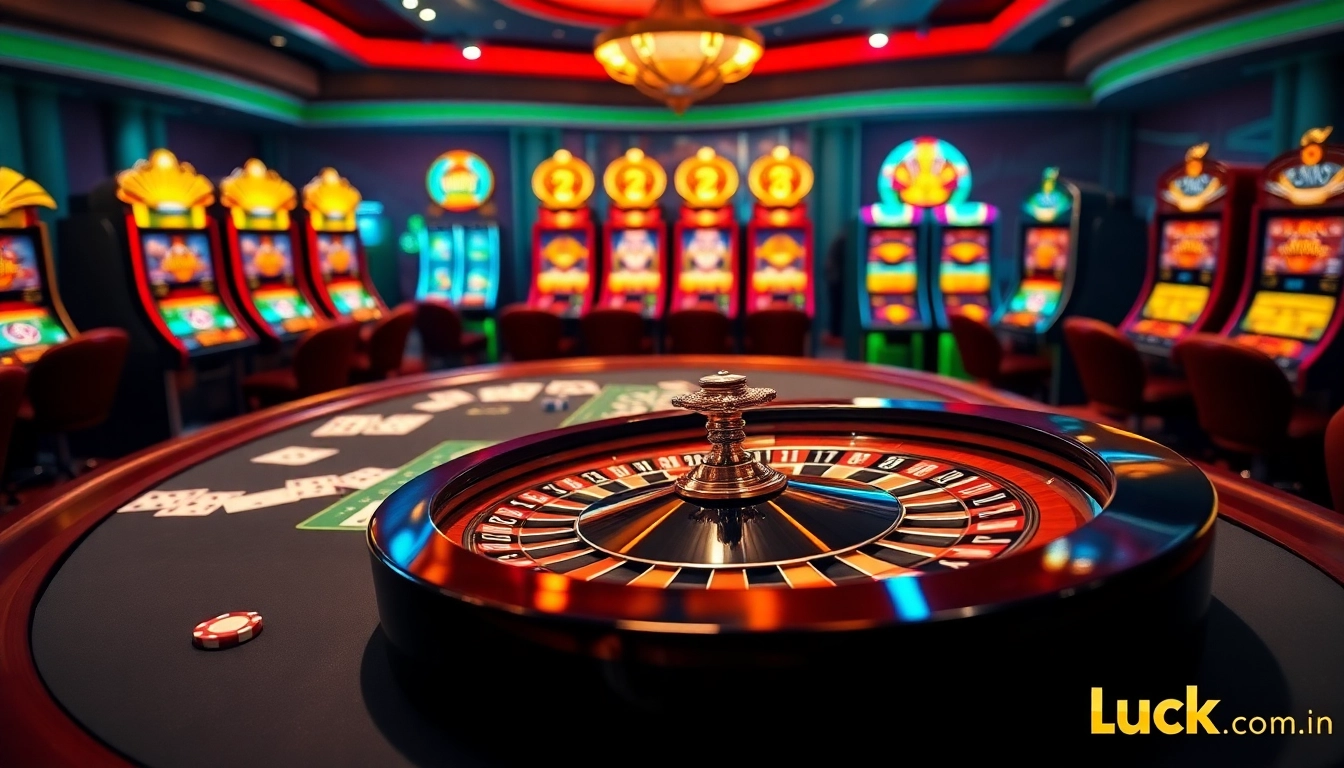 Play exciting casino games with Luck8 com in a luxurious setting filled with vibrant colors and poker excitement.