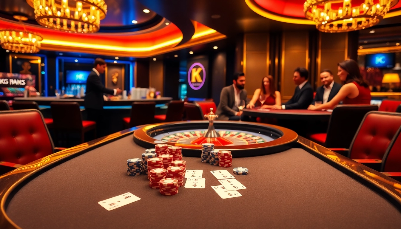 KJC branded poker table with vibrant chips and cards in a luxurious casino setting.