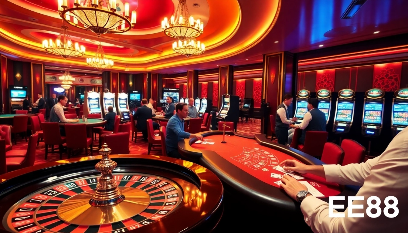 Experience thrilling gaming moments at EE88 casino, featuring vibrant slot machines and poker tables.