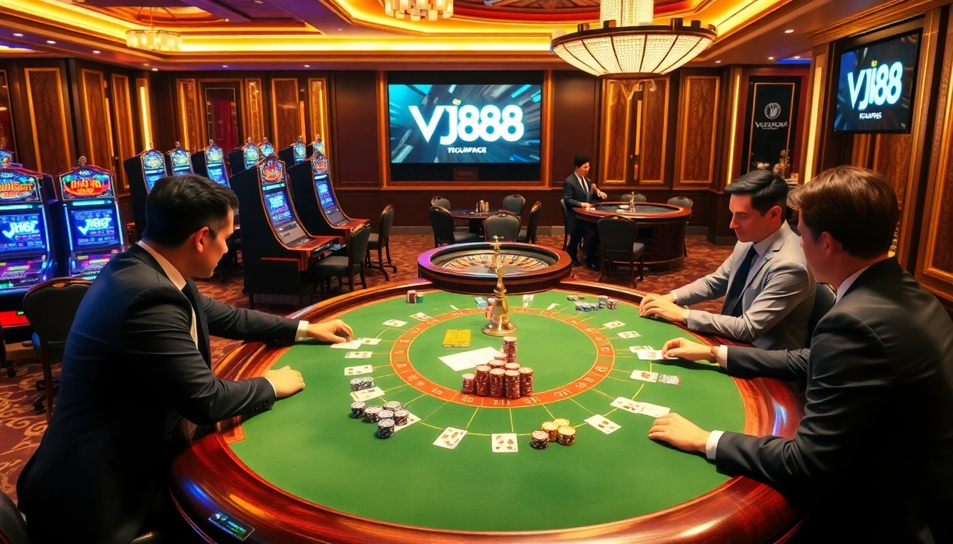 VJ88 casino scene with a high-stakes poker table, colorful chips, and a roulette wheel.