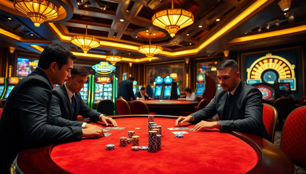 Players strategize at a luxurious poker table with 98win chips, showcasing high-stakes gaming excitement.