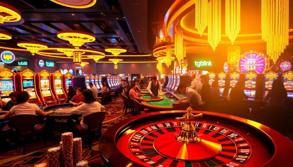 Experience the excitement of TG88 link at a vibrant casino filled with roulette and slot games.