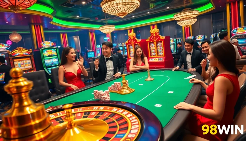 Players engaging in thrilling casino games at 98WIN with vibrant colors and luxury atmosphere.