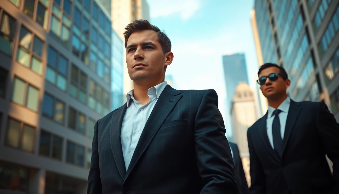 Private bodyguards ensuring safety in an urban environment with vigilant demeanor.