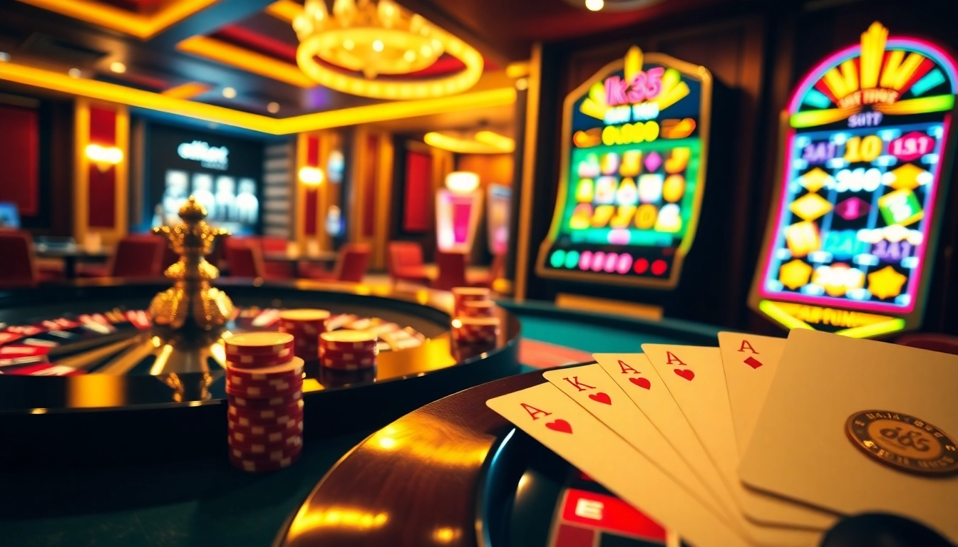 Engaging casino experience with ok 365 logo, vibrant roulette table, poker cards, and slot machine visual.