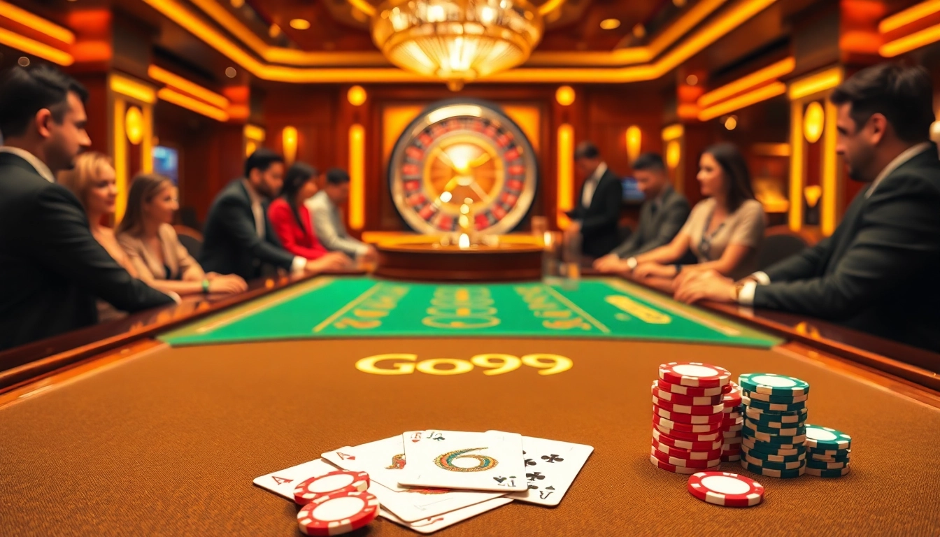 Players engaging in an exciting poker game with Go99 logo on the table felt.