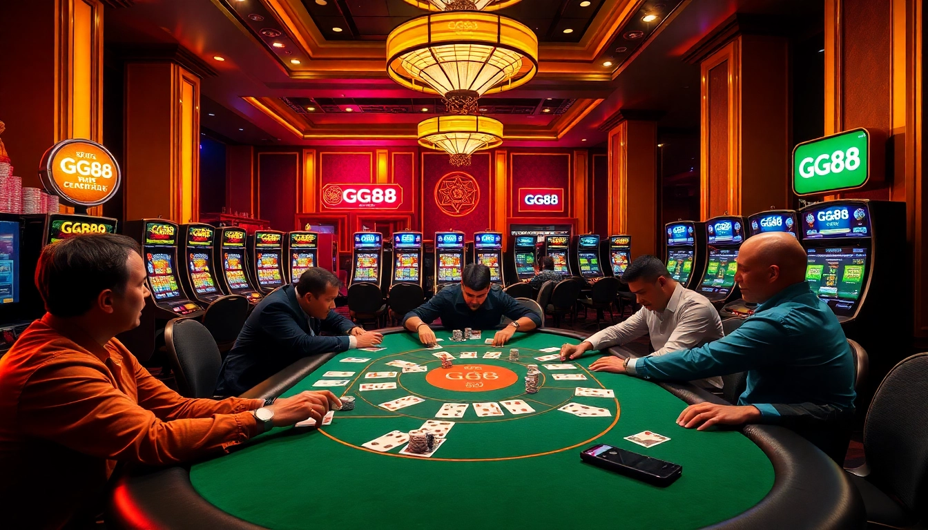 Players strategizing at a GG88 poker table in an elegant casino setting with vibrant slot machines.