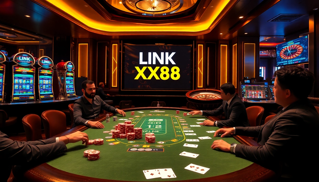 Engage in thrilling poker action at LINK XX88's luxurious casino, surrounded by vibrant chips and cards.
