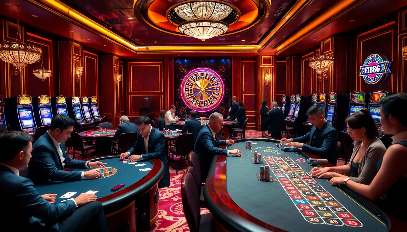 Experience fb88's vibrant casino atmosphere with players at tables, roulette, and slot machines.