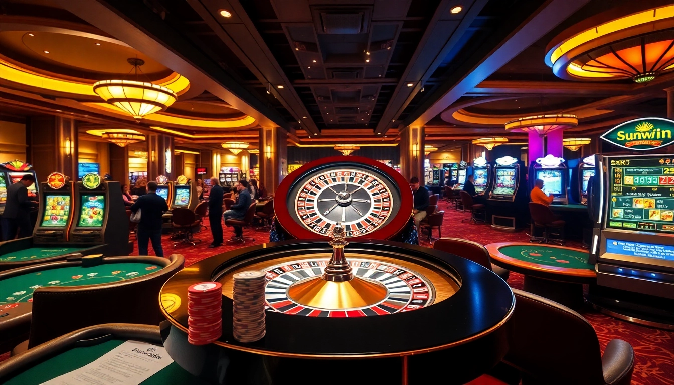 Players engaging in lively games at the sunwin casino, featuring roulette and poker tables filled with excitement and luxury.