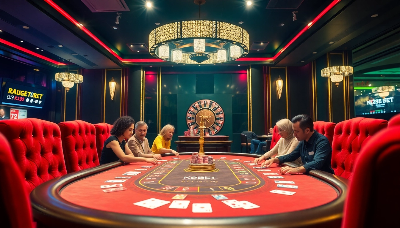 K8BET poker players at a high-stakes table surrounded by vibrant casino lights.
