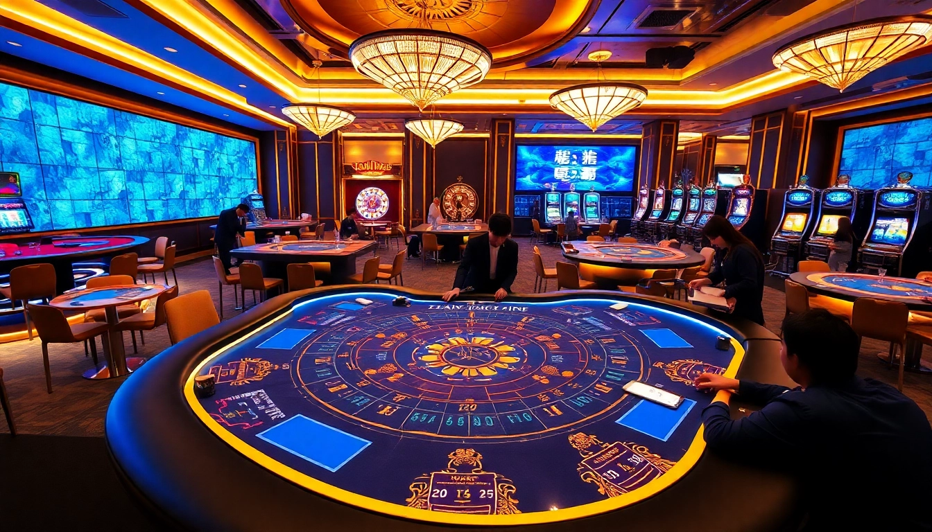 Exciting players engaging at a Tài Xỉu MD5 gaming table in a luxurious casino setting.