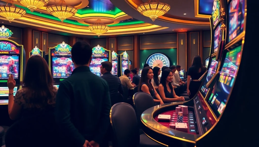 Play exciting pg88 slot machines amidst a luxurious casino atmosphere filled with poker chips and vibrant lighting.