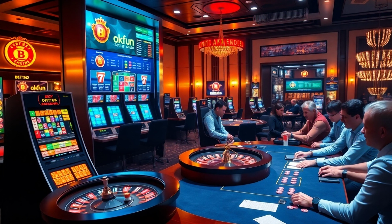 Experience excitement at okfun with vibrant casino visuals of players at thrilling gambling tables.